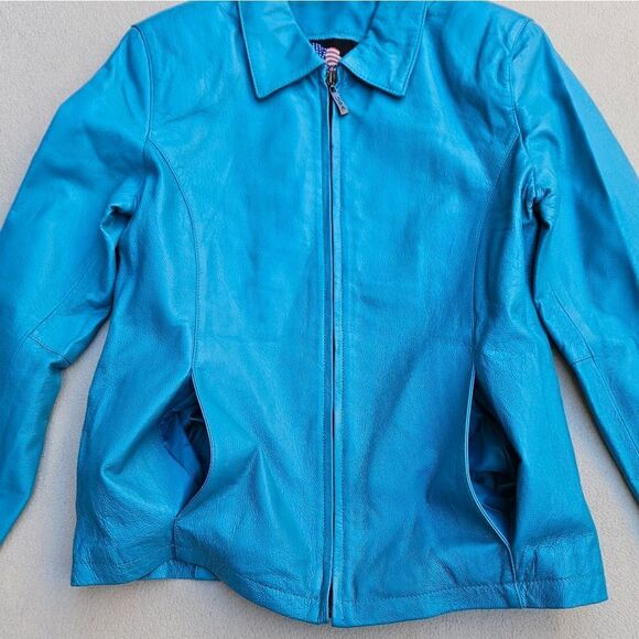 USA Teal Blue Leather Jacket - Picture 7 of 12